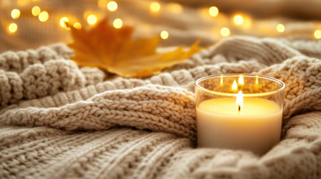 Autumn warmth radiates from a glowing candle, surrounded by a plush knit blanket and soft bokeh lights for a cozy eveningの素材