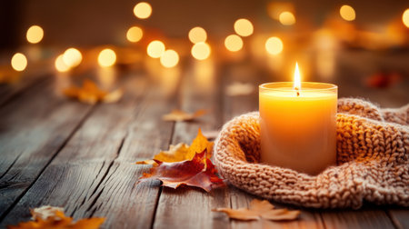 Scented candle flickers warmly on a wooden table, cozy knit blanket and soft bokeh lights casting a serene autumn glowの素材