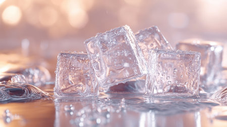 Close-up of glistening ice cubes on a reflective surface, water droplets forming around them, capturing the cool, refreshing details of melting iceの素材