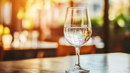 Elegant glass stemware filled with clear, refreshing water sits on a minimalist table, capturing the simplicity and beauty of hydration.の素材