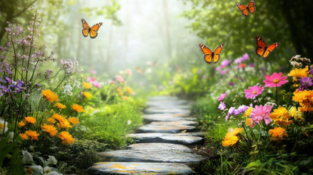 Path through a mystical forest, framed by colorful flowers and butterflies in a whimsical fantasy sceneの素材