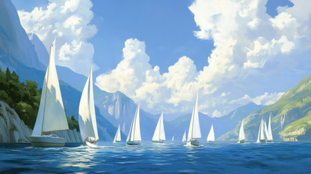 Yachts with gleaming white sails compete in a regatta, their paths cutting through the tranquil sea under a bright, sunny sky.の素材