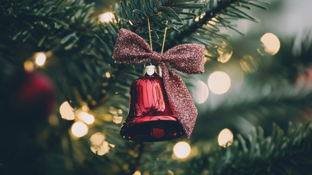 Red bell ornament with a glittery bow on a Christmas tree, surrounded by soft bokeh lights that enhance the magical holiday spiritの素材
