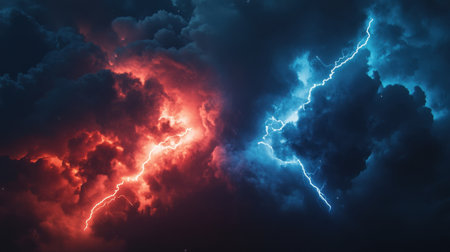 Stormy sky with red and blue lightning bolts colliding, creating a powerful, energetic clash of electric forcesの素材