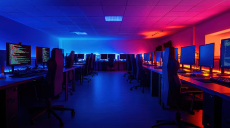 Dark computer lab with rows of desks, blue light from monitors displaying code illuminates the space, creating a focused atmosphereの素材