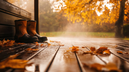 High-pressure jet cleans wood deck in fall, boots nearby, as misty reflections create a soothing scene in natureの素材