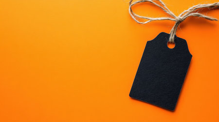 Simple black price tag with textured twine string pops against a bright orange background, perfect for sale labelingの素材