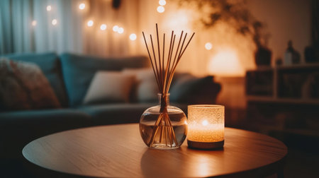 Wooden table adorned with a reed diffuser, filling the cozy living room with fragrance, soft lighting in the backgroundの素材