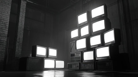3D render of stacked televisions with white screens, monochrome style, exuding futuristic industrial aesthetics for tech presentationの素材