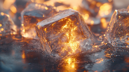 Ice cubes sparkle on a glossy surface, tiny water droplets creating a refreshing scene as the macro lens captures intricate melting detailsの素材