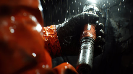 Close-up of a miner hands gripping a drill in a confined space, illuminated by the tool's harsh light.の素材