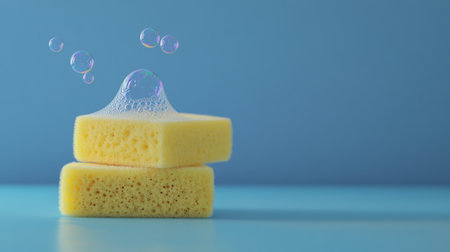 Cleanliness concept with a kitchen sponge and soap bubbles on a simple blue background, minimalist design, clean linesの素材