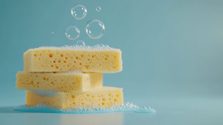 Cleanliness concept with a kitchen sponge and soap bubbles on a simple blue background, minimalist design, clean linesの素材