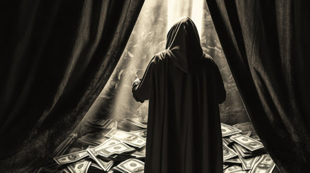 Dark hooded figure pulling back a curtain, revealing piles of money and corruption symbols under dramatic lighting and intense shadowsの素材