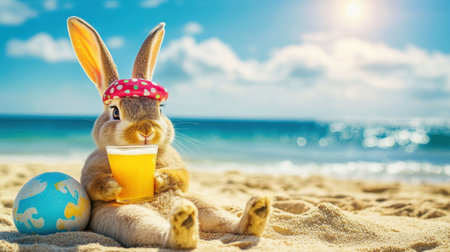 Fun scene of an Easter bunny lounging on a beach, holding a cocktail, enjoying a holiday in the sun.の素材
