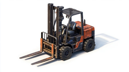 Construction forklift in 3D isometric view, emphasizing industrial machinery design, isolated on white backgroundの素材