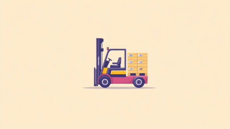 Forklift transporting pallets in a flat design, side view, vibrant split-complementary colors, representing efficient warehouse managementの素材