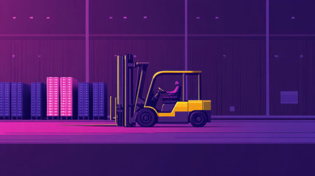 Forklift transporting pallets in a flat design, side view, vibrant split-complementary colors, representing efficient warehouse managementの素材