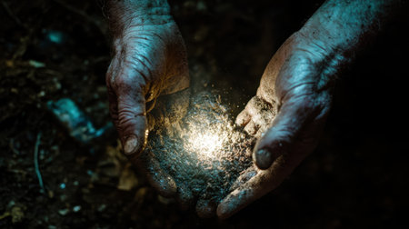 Hands of a miner drilling deep underground, the machinery light highlighting every detail in the dark surroundings.の素材