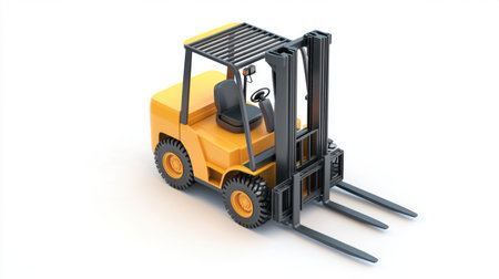 Isometric 3D render of a forklift isolated on a white background, focusing on the design and functionality of the construction machineryの素材