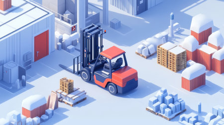Forklift in isometric style, showcasing detailed machinery design, placed on a clean white background for clarity and focusの素材