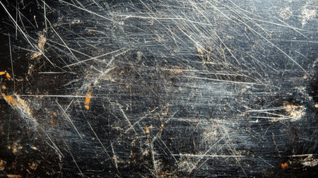 Matte black metal texture in high detail, showing weathered, intricate scratches, perfect for industrial backgrounds.の素材