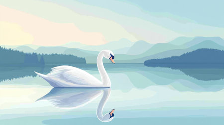 Pastel-colored swan illustration on a serene lake, gentle and simple design highlighting the grace and beauty of the bird in a tranquil settingの素材