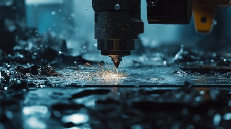 Precision laser cutting machine slicing through metal sheets, sharp beams of light, showcasing intricate designs and advanced manufacturing technology.の素材