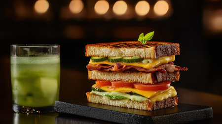 Savory sandwich stacked with melted cheese, crispy bacon, and ripe tomatoes, served with crisp cucumber juice, perfect for a satisfying mealの素材