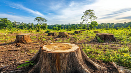 Rainforest with large areas of felled trees and exposed stumps, illustrating the dire consequences of deforestation on natureの素材