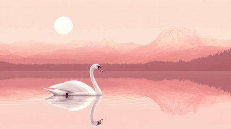 Simple illustration of a swan gliding on a calm lake with a gentle pastel background, evoking tranquility and eleganceの素材
