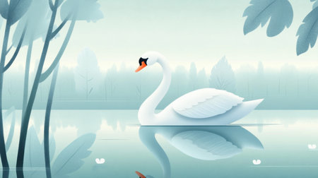 Pastel-colored swan illustration on a serene lake, gentle and simple design highlighting the grace and beauty of the bird in a tranquil settingの素材
