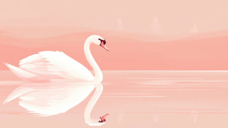 Simple illustration of a swan gliding on a calm lake with a gentle pastel background, evoking tranquility and eleganceの素材