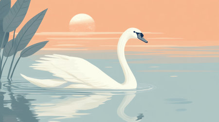 Simple illustration of a swan gliding on a calm lake with a gentle pastel background, evoking tranquility and eleganceの素材