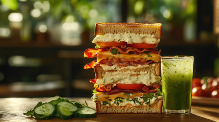 Savory sandwich stacked with melted cheese, crispy bacon, and ripe tomatoes, served with crisp cucumber juice, perfect for a satisfying mealの素材