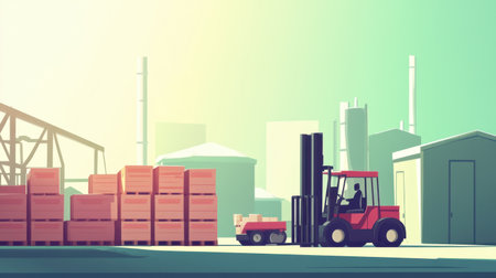 Side view of forklifts moving pallets in a flat design style, split-complementary color scheme for warehouse animation visual content.の素材