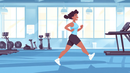 Soft pastel cartoon of a person running in the gym, focusing on cardio exercise in a simple, flat design side view, full of energy and movementの素材