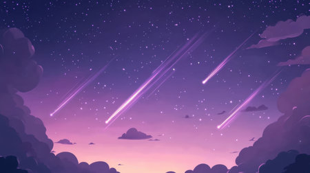 Top view cartoon flat design of a meteor shower in the night sky, pastel shades creating a soft, celestial visual.の素材