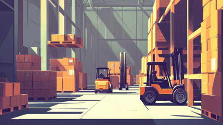 Warehousing scene in flat design with forklifts moving pallets, side view, split-complementary color scheme for a dynamic visual effect.の素材