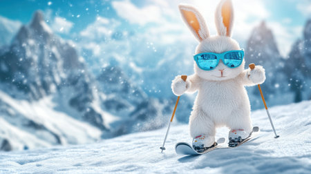 A fun-loving Easter bunny in sunglasses skiing through a snowy mountain range, enjoying winter sports and the holiday spirit.の素材
