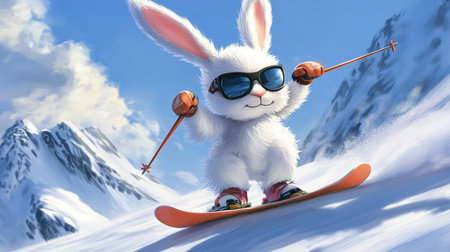 A cool Easter bunny wearing sunglasses, skiing down a snowy mountain slope, with blue skies and snow-covered peaks in the background.の素材