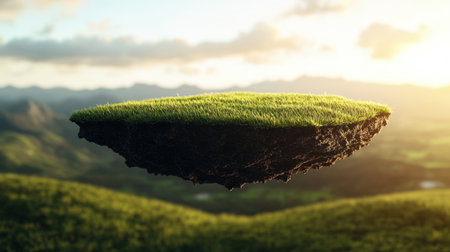 A piece of floating land in 3D, with visible soil layers and vibrant green grass, representing environmental concepts.の素材