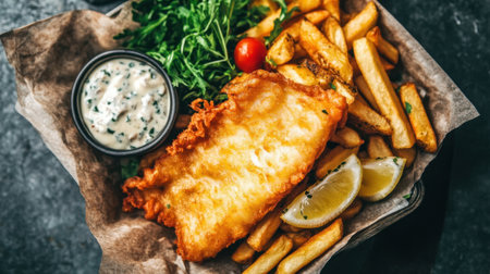 A hearty plate of fish and chips, served with a side of tartar sauce, capturing the essence of British comfort food.の素材