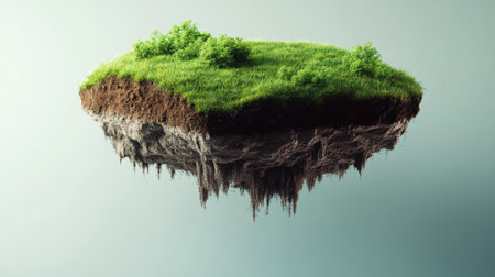 A piece of floating land in 3D, with visible soil layers and vibrant green grass, representing environmental concepts.の素材