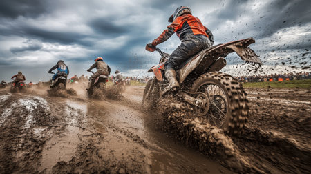 A group of friends on motorcycles tearing through a muddy field, kicking up dirt and splashing mud as clouds gather in the sky above.の素材