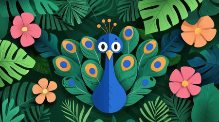 This vibrant illustration features a colorful peacock amidst lush tropical leaves and bright flowers. Ideal for design projects, this artwork captures the essence of nature and creativity.の素材