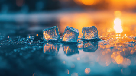 Close-up macro shot of ice cubes melting on a reflective surface, with water droplets capturing the cool and refreshing atmosphereの素材