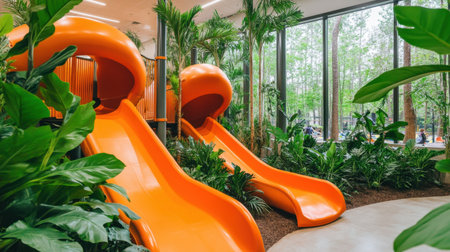 Indoor playground features large orange slides and lush green plants, creating an exciting, nature-inspired space for kidsの素材