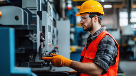European engineer operating an injection molding machine in a modern plastic manufacturing factory, sharp focus on detailed machinery, industrial environmentの素材