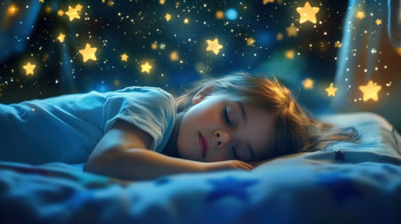 A child sleeps peacefully in a cozy bedroom, surrounded by floating stars and soft moonlight casting a magical glow on their face.の素材